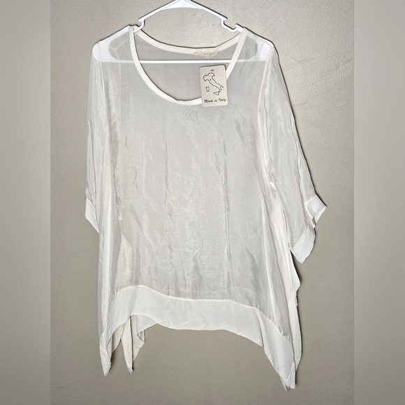 NWT Made In Italy 100% Silk Shark Bite Minimalist Sheer Blouse, One Size - Picture 1 of 3